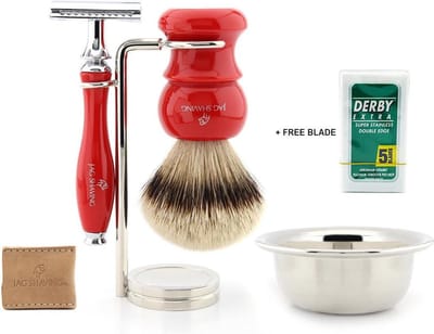 Scheerset voor heren Dubbele rand veiligheidsscheermes, etui, scheerkwaststandaard met superzilveren punt en kom Perfect cadeau voor set voor mannen (rode scheerset)