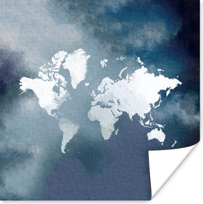Poster 30x30 cm - Wereldkaart - Waterverf - Blauw - Posters - Kamer decoratie - Wanddecoratie woonkamer - Muurdecoratie slaapkamer