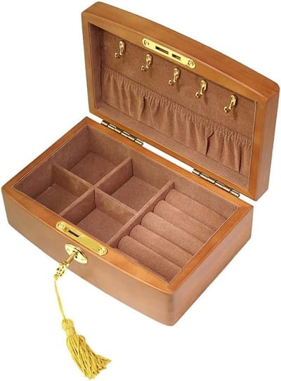 Houten Sieradendoos - Opbergkistje Organizer - Sieraden Opbergen - Met Sluiting - 20 x 13 x 7 cm - Houtkleur
