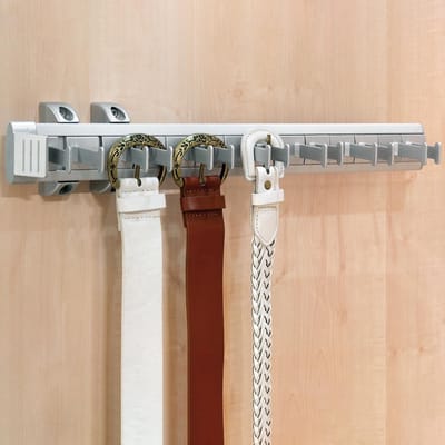 Eleganca Kledingstang Riemhouder – Riemhanger – Uittrekbaar riemenrek – Ruimte voor 7 riemen – Gemakkelijk te monteren – 44,7x8x8,5cm – Grijs/Zilver