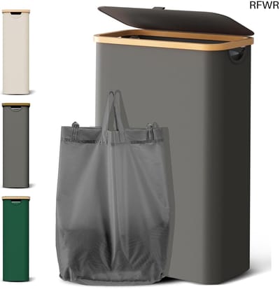 RFWR® Wasmand met Deksel - 48 Liter - Opvouwbare Wasmand - Houten en Bamboe - Donkergrijs
