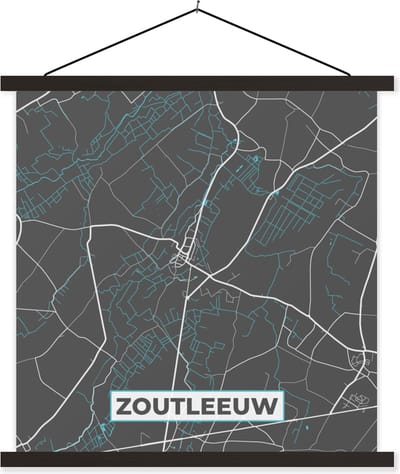 Posterhanger incl. Poster 60x60 cm - Schoolplaat - Plattegrond – Zoutleeuw – Blauw – Stadskaart - Kaart - Textielposter - Zwarte latten - Stadskaart