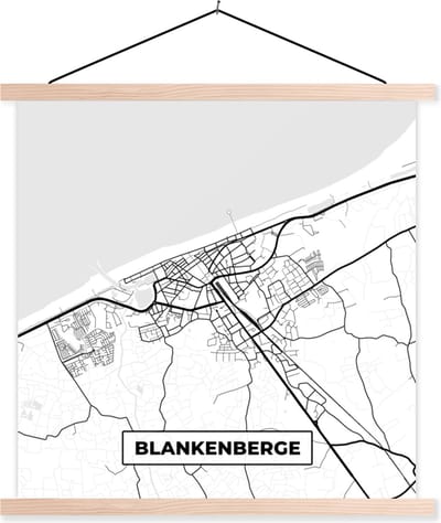 Posterhanger incl. Poster 40x40 cm - Schoolplaat - Stadskaart – Plattegrond – België – Zwart Wit – Blankenberge – Kaart - Textielposter - Blanke latten - Stadskaart