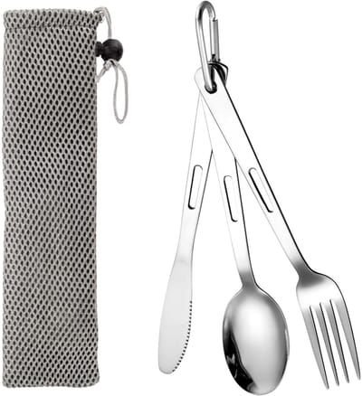 3-delige Bestek - Bestekset - Roestvrijstalen bestekset - Draagbaar outdoor bestek - Mes, vork, lepel - Met karabijnhaak - Inclusief opbergtas - Geschikt voor buitenactiviteiten, kamperen, picknicks, enz. - Zilver