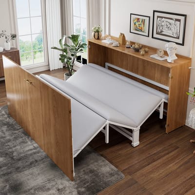 HAUSS SPOLE Opklapbed 140x200cm - Tweepersoonsbed Met Matras En Stille Wielen - Ruimtebesparend Kastbed Voor Logeerkamer - Hout