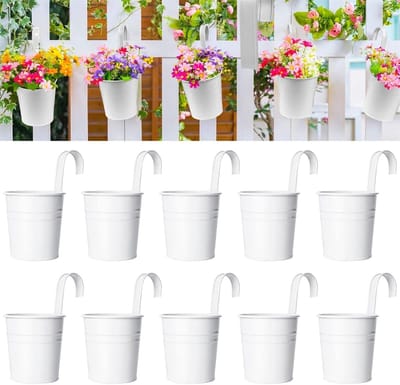 Ynkkvre - 10 x Metalen Hangende Bloempotten – 10 cm Witte Bloempot met Afneembare Haak – Plantenbakken voor Balkon, Hek, Tuin en Huisdecoratie