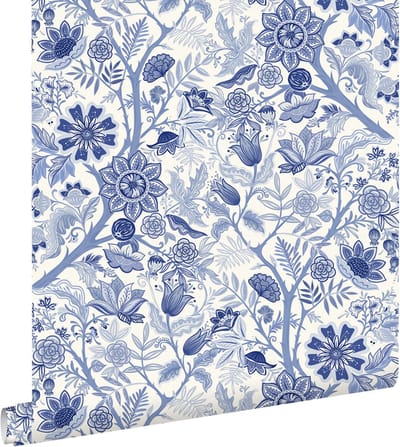 ESTAhome behang vintage bloemen delfts blauw - 50 x 900 cm - 132130