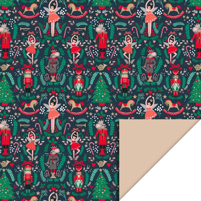 Cadeaupapier 70 cm - X-mas - Nutcracker - Inpakpapier - Kerst inpakpapier - Nude - Notenkrakers - Blauw - Goud - Kerstboom - Feestdagen - Kerstmis - Elfje - Muis - Hobbelpaard - Kado papier