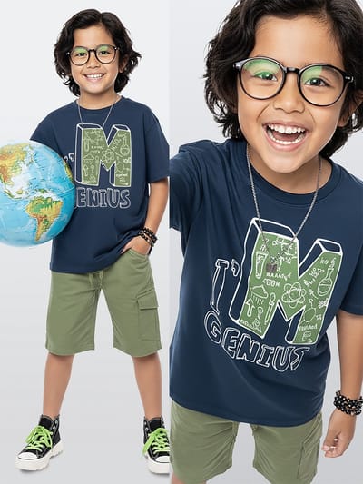 Denokids CFF-26Y1-083 Donkerblauwe Jongens T-shirt en Gabardine Short met Science Print 140