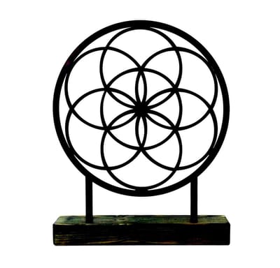 Staande woondecoratie – Seed of Life 35cm doorsnede –  zwart gepoedercoat staal in massief houten sokkel - Nederlandse productie