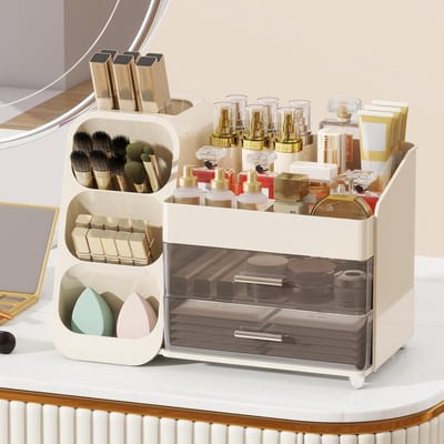 Make-up organizer voor kaptafel, kaptafel organizer met lades en borstelhouder, badkamer make-up organizer voor op het aanrecht, grote cosmetica organizer voor huidverzorging, parfum, lippenstift, nagellak (crème)