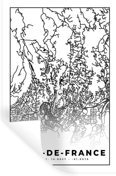 Muurstickers - Sticker Folie - Kaart - Plattegrond - Frankrijk - Fort-de-France - Stadskaart - Zwart wit - 20x30 cm - Plakfolie - Muurstickers Kinderkamer - Zelfklevend Behang - Zelfklevend behangpapier - Stickerfolie