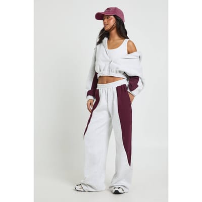 boohoo Dames Petite Contrastpaneel Ritssluiting Hoodie Wijde Pijpen Joggingpak | Asgrijs | Maat: Large