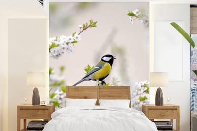Behang - Fotobehang Vogel - Koolmees - Bloemen - Bloesemboom - Breedte 205 cm x hoogte 280 cm