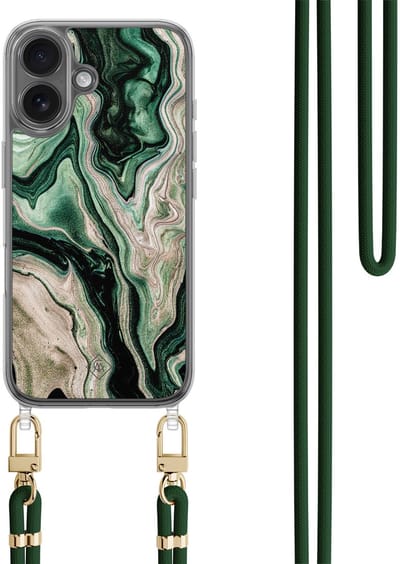 Casimoda® hoesje met groen koord - Geschikt voor iPhone 17 - Groen marmer / Marble - Afneembaar koord - TPU/polycarbonaat - Groen