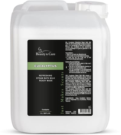 Beauty&Care® Eucalyptus stoombadmelk ready made - 5 liter can - natuurlijk Eucalyptus olie - meest verkocht - voor stoombad en stoomcabine - verzachtende werking bij verkoudheid - 5 liter stoombadmelk readymade kan met 5 liter water verdund worden