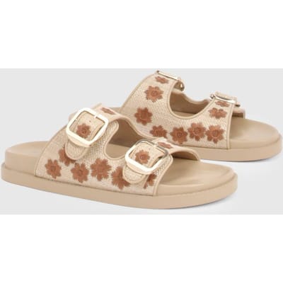 boohoo Dames Raffia Bloemen Slippers Met Dubbele Gesp | Natural | Maat: 37