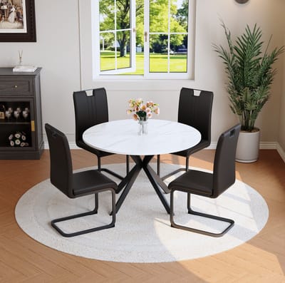Eettafelset - Rond Marmereffect - Met 2 Eetkamerstoelen Voor Keuken En Eetkamer - Metaal En Kunststof - Zwart En Wit