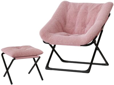 Loungestoel met Voetenbank - Opvouwbaar Oversized design - voor woonkamer en slaapkamer - Roze Kunstleer - Zwart