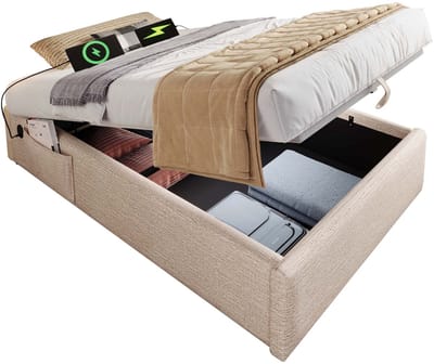 Wishdor Opbergbedframe 90x190 cm - Hydraulische Opbergruimte & USB‑C - Zonder Hoofdbord - Linnen Beige‑Naturel