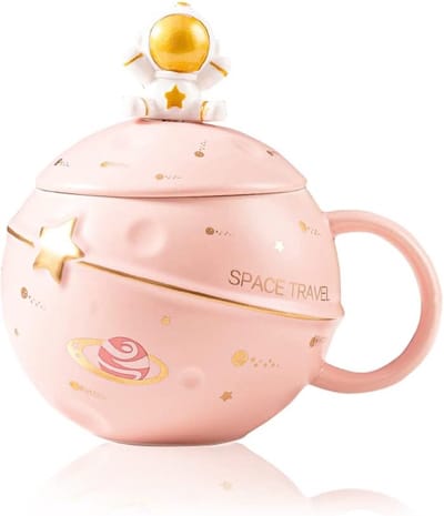 Schattige Astronaut Mok Planeet Beker met Ruimte Reliëf Schattige Keramische Koffiemok Grappige Mok met Deksel en Lepel voor Koffie, Thee en Melk, Grappig Cadeau voor Verjaardag (Roze)