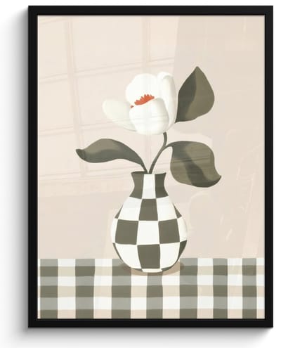 Poster in lijst - Fotolijst 50x70 cm - Posters - Vaas - Geruit - Groen - Bloem - Posterlijst zwart - Decoratie - Wanddecoratie woonkamer - Muurdecoratie slaapkamer