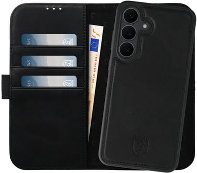 Rosso Elite Hoesje Geschikt voor Samsung Galaxy S25 | Compatibel met MagSafe / Qi2 | Book Case en Back Cover | Magnetisch Uitneembaar | Echt Leer Beschermhoes met Pasjeshouder | Zwart