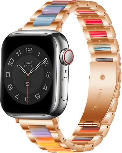 Strap-it Luxe Apple Watch bandje - Staal Resin RVS stainless steel - geschikt voor iWatch serie bandjes 1/2/3/4/5/6/7/8/9/10/11/SE/SE2/SE3 - met maat: 38 / 40 / 41 / 42mm - vlinder sluiting - kleurrijk Rose gold