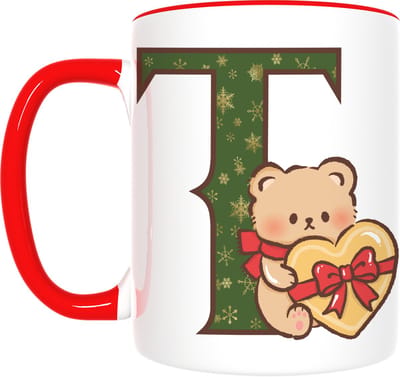 Kerst Mok met Letter T & Beer – Feestelijk Cadeau met Hartje – Inclusief Cadeauverpakking – 350ml