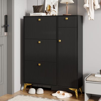 Wishdor - Schoenenkast - 3 Kleppen En 1 Lade - Modern - Hal - Spaanplaat En Metaal - Zwart - 90 X 25 X 121 Cm