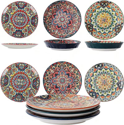 Dailygoods- Pasta Kom 6 Delig - Diepe/Ondiepe Schalen - Keramisch/Porselein - Kleur: Oranje/Groen/Blauw/Rood - 8 Inch/8.25 Inch - Voor Huiskoks/Pastaliefhebbers - Servies