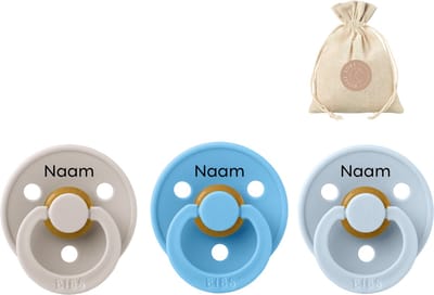 3 BIBS spenen met naam rond maat 1: mushroom, breeze en Baby Blue + BolleToet speenzakje - fopspenen