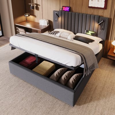 Sweiko Gestoffeerd bed 140x200cm, Dubbel bed Opbergbedbox, Leeslampje Hoofdbord met USB-oplaadfunctie, Klinknagel ontworpen rugleuning, bed met Flat noedles frame en bedbox, katoen, Grijs (Zonder matras)
