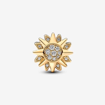 Fler® | Bedel | Past op populaire bedelarmbanden (standaard - 3mm) | Goudkleurige Zon Bedel | Hangbedel Charm | 925 sterling zilver | Transparante zirkonia | Valentijnsdag Cadeau | Sinterklaas kado | Kerstcadeau | Verjaardagsgeschenk | Vriendschap