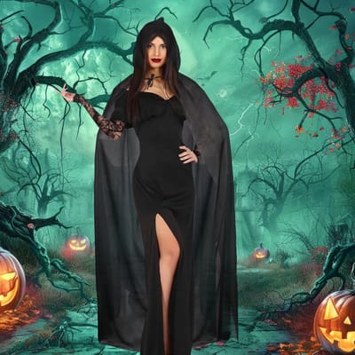 Hooded cape voor Halloween, 140 cm lange zwarte cape, ideaal voor Grim Reaper kostuum, vampiers en heksen cosplay, perfect voor volwassenen en kinderen