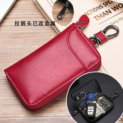 Porte-clés unisexe en cuir véritable, organiseur multifonction, porte-monnaie, porte-clés de voiture, petite pochette pour clés rouge