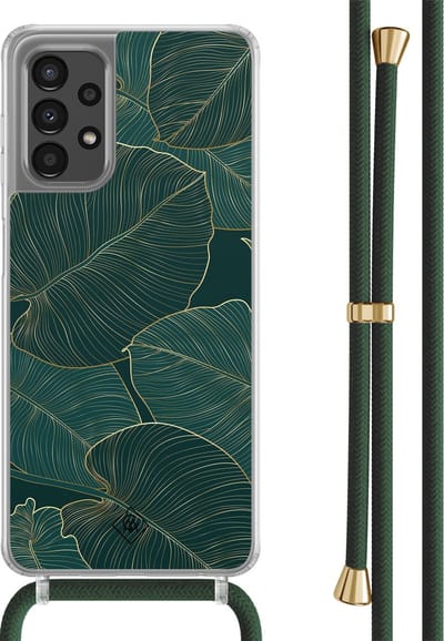 Casimoda® hoesje met groen koord - Geschikt voor Samsung A13 4G - Monstera Leaves - Afneembaar koord - TPU/polycarbonaat - Zwart