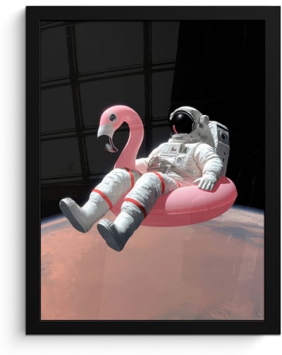 Poster in lijst - Fotolijst 30x40 cm - Posters - Astronaut - Flamingo - Zwemband - Roze - Posterlijst zwart - Decoratie - Wanddecoratie woonkamer - Muurdecoratie slaapkamer