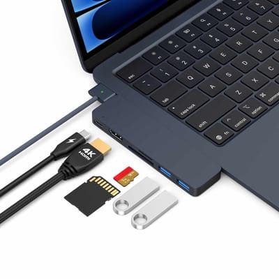 M-TECK MacBook Air/Pro USB-C - Dock - HUB - Splitter - 1 x HDMI 4K60Hz - 1 x Thunderbolt - 2 x USB3.0 - SD/MicroSD kaartlezer - M1/M2/M3/M4- Kleur: Midnight
