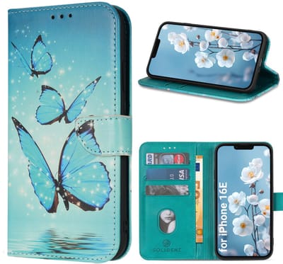 Multimedia & Accessoires Lederen Book Case Hoesje geschikt voor Apple iPhone 16e/iPhone 17e – Vlinderprint – Blauw -Telefoonhoesje – Met Stand – Kaarthouder – Pasjes Houder – Magneet Sluiting – Bookcase