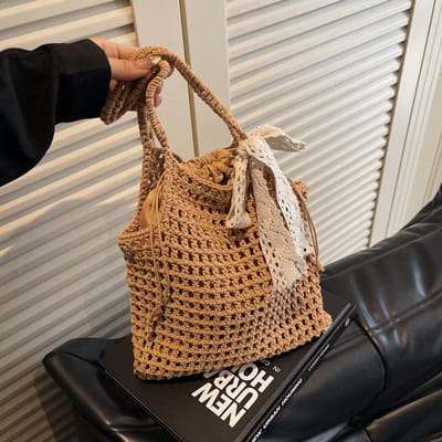 Sac de Plage Femme Été Nouveau Sac à Main Tissé en Paille Sac à Carreaux Sac Tissé à la Main Creux Sac en Corde de Coton Sac Littéraire Tissé au Crochet Sac brown