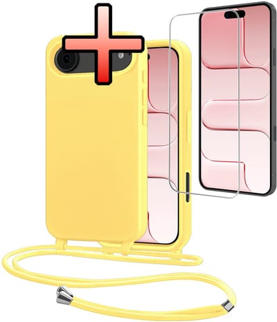 Hoes Geschikt voor iPhone Air Met Telefoonkoord Met Screenprotector - Siliconen Hoesje Backcover Met Ketting - Geel