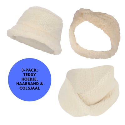 Sarlini - Winterset Meisjes - Teddy Wol Fan - Offwhite - 2 t/m 4 jaar - Haarband + Hoedje + Colsjaal + Oorwarmers