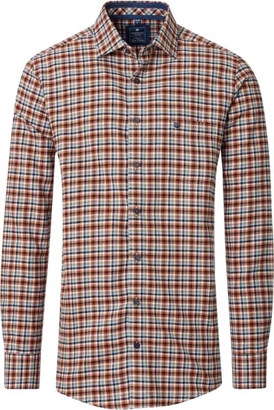 Redmond comfort fit overhemd - flanel - oranje met blauw - wit en beige geruit - Strijkvriendelijk - Boordmaat: 41 - 42