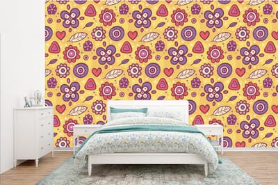 Behang - Fotobehang Patroon - Bloemen - Paars - Oranje - Breedte 385 cm x hoogte 240 cm