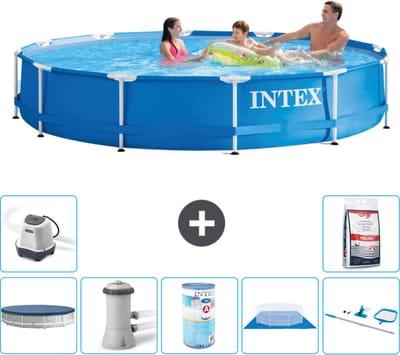 Intex Rond Frame Zwembad - 366 x 76 cm - Blauw - Inclusief Afdekzeil - Zwembadfilterpomp - Filter - Grondzeil - Schoonmaakset - Zoutwatersysteem - Zwembadzout - 8-delig
