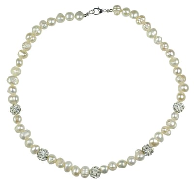 Zoetwater parel ketting Maxima - echte parels - wit - sterling zilver (925) - stras steentjes - luxe sieraden zakje - parelketting dames - witte parelketting