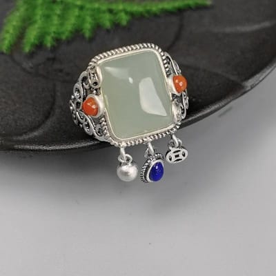 Vintage Natuurlijke An Jade Groene Ringen Voor Vrouwen Nationale Stijl Kwastjes Lapis Lazuli Ring Klassieke Geometrische Sieraden resizable gray