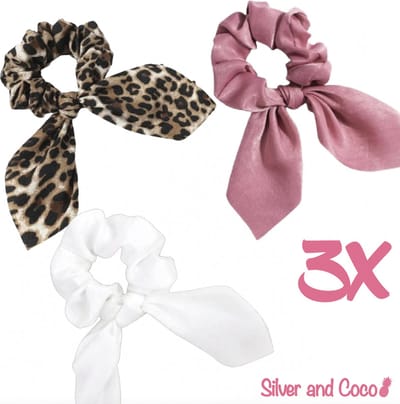SilverAndCoco® - 3 Scrunchies Wokkel met Strik Elastiek Haarband Festival Scrunchie Set / Brede Haarstrik Haarelastieken met Lint Dames / Elastische Nude Haarbanden - Roze Tijgerprint Wit