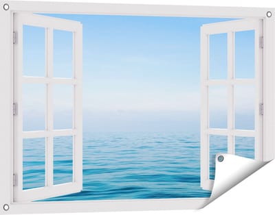 Gards Tuinposter Doorkijk Zee met een Blauw Hemel Achtergrond - 90x60 cm - Tuindoek - Tuindecoratie - Wanddecoratie buiten - Tuinschilderij